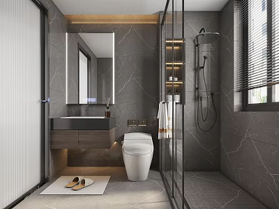Modern Luxury Dark Marble Bathroom Interior With Smart Toilet LED Mirror And Glass Shower Enclosure 3d model