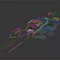 Futuristic Mechanical Structure Models With Platforms Pipes And Circular Modules On Gray Background