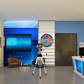 Professional Broadcasting Studio Setup With Blue Backdrop Presenter Desk Camera Tripod Lighting And Control Monitor
