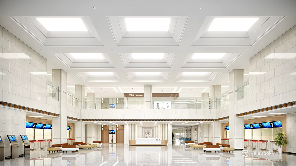 Spacious Bright Hospital Outpatient Clinic Lobby With Seating And Screens 3d model 