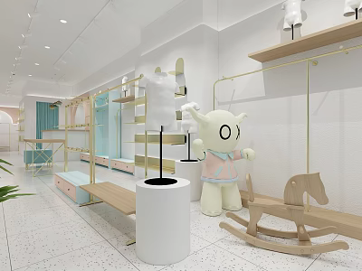 Bright Modern Clothing Store Interior With Wooden Rocking Horse White Doll And Blue Cabinets 3d model