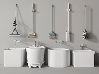 Modern Bathroom Cleaning Tools Wall Mounted White Buckets Mops and Faucets 3d model