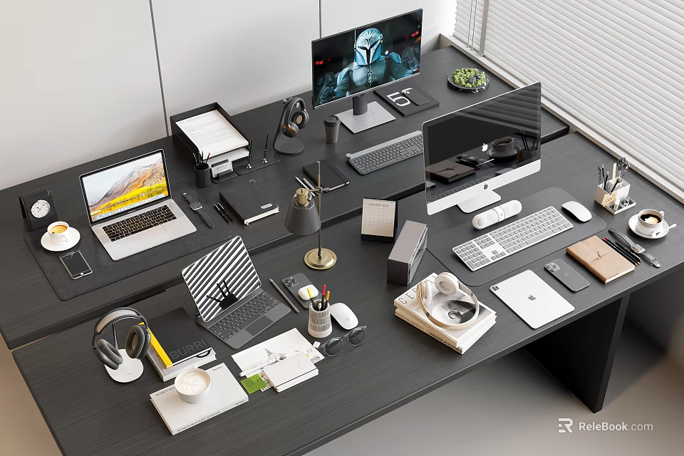 Organized Modern Office Desk Setup With Laptop Desktop Monitors Headphones Stationery And Green Plant 3d model 