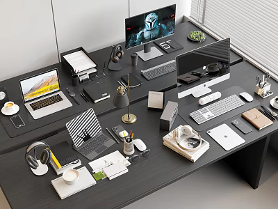 Organized Modern Office Desk Setup With Laptop Desktop Monitors Headphones Stationery And Green Plant 3d model