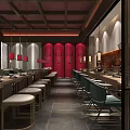 Traditional Hotpot Restaurant Interior With Wooden Decor Lanterns And Open Dining Area
