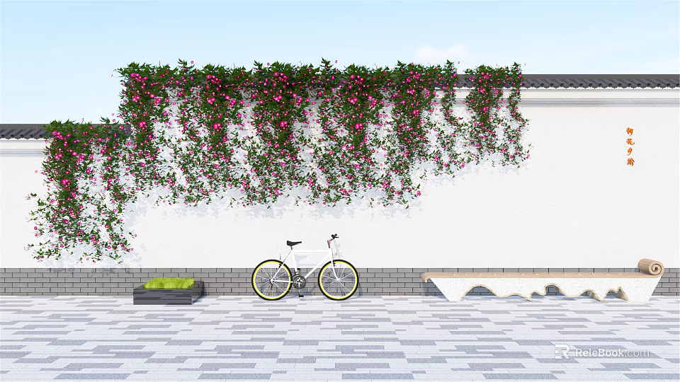 Vines Covering White Wall with Red Flowers Beside Bicycle on Stone Paved Path 3d model 