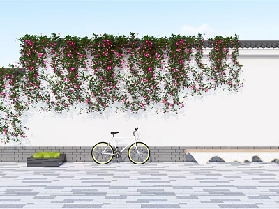 Vines Covering White Wall with Red Flowers Beside Bicycle on Stone Paved Path 3d model