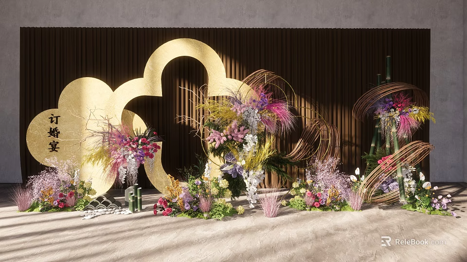 Elegant Floral Installation With Gold Cloud Shaped Decor And Colorful Flowers On Wooden Backdrop 3d model 
