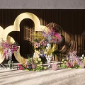 Elegant Floral Installation With Gold Cloud Shaped Decor And Colorful Flowers On Wooden Backdrop