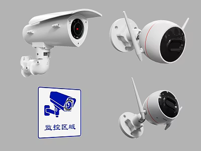 Surveillance Cameras For Security Monitoring In Protected Areas With Warning Signs 3d model