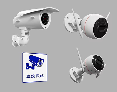 Surveillance Cameras For Security Monitoring In Protected Areas With Warning Signs 3d model