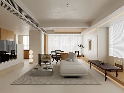 Minimalist Modern Living Dining Room Interior Design With Sofa Coffee Table And Dining Chairs 3d model