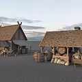 Ancient Rural Cottage With Wooden Stone Structure Thatch Roof And Barrels Wheelbarrow