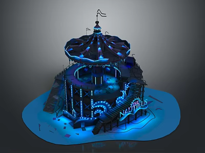 Ornate Circular Carousel Building With Blue Illuminated Lights Staircases And Decorative Top 3d model