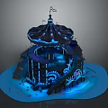 Ornate Circular Carousel Building With Blue Illuminated Lights Staircases And Decorative Top