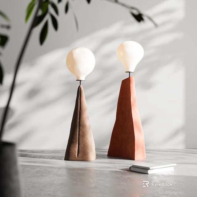 Two Modern Indoor Floor Lamps With Conical Bases And Spherical Shades In Brown And Red 3d model 
