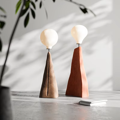 Two Modern Indoor Floor Lamps With Conical Bases And Spherical Shades In Brown And Red 3d model