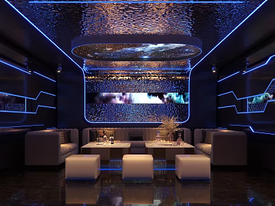 Luxury Modern KTV Interior With Neon Blue Lighting Sofas And Coffee Tables 3d model