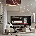 Modern Living Room Interior Design With Round Area Rug Beige Sofa Wall Shelves And Geometric Lighting