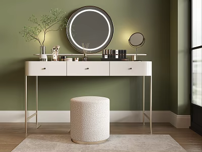 White Vanity Table With Gold Legs Round Mirror Green Plant And Stool On Wooden Floor 3d model