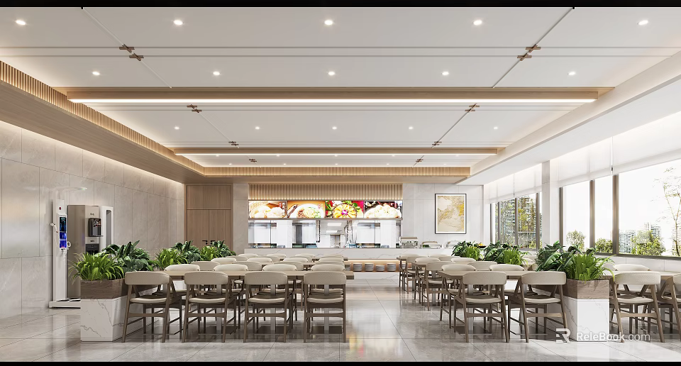 Modern Restaurant Interior With Open Dining Area Tables Chairs And Green Plants 3d model