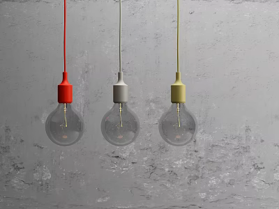 Modern Pendant Lights With Red Gray And Yellow Bases Hanging On Gray Textured Wall 3d model