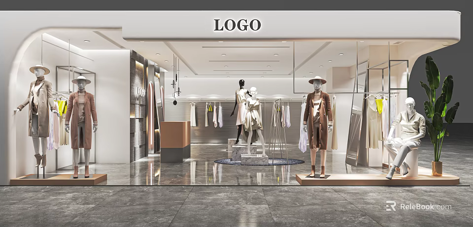 Modern Clothing Storefront with LOGO Display Mannequins Hanging Garments and Area 3d model 