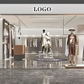 Modern Clothing Storefront with LOGO Display Mannequins Hanging Garments and Area