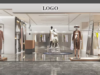 Modern Clothing Storefront with LOGO Display Mannequins Hanging Garments and Area 3d model