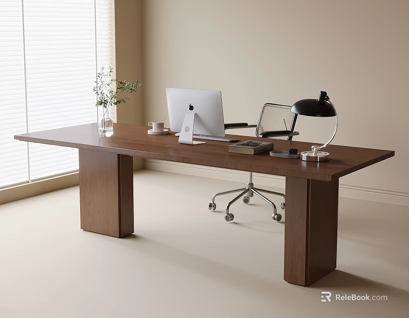 Modern Wooden Desk with White Laptop Black Lamp Glass Vase Plant and Rolling Chair 3d model 