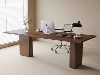 Modern Wooden Desk with White Laptop Black Lamp Glass Vase Plant and Rolling Chair 3d model