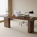 Modern Wooden Desk with White Laptop Black Lamp Glass Vase Plant and Rolling Chair
