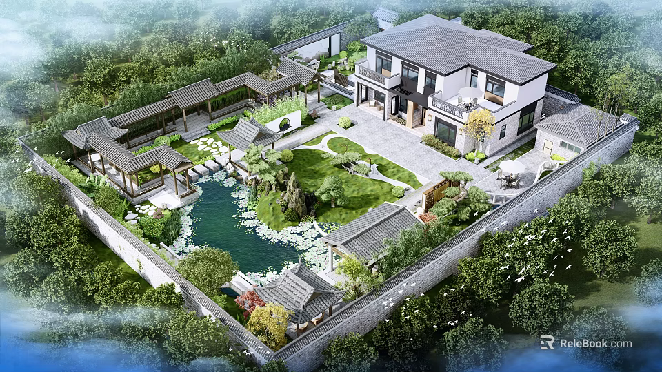 Traditional Chinese Garden Landscape With Pond Pavilion Courtyard And Lush Greenery 3d model 