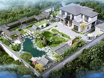 Traditional Chinese Garden Landscape With Pond Pavilion Courtyard And Lush Greenery 3d model