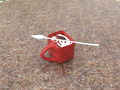 Red Square Cup With White Substance And Spoon On Granite Countertop 3d model