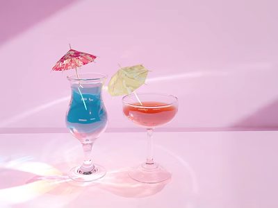 Two Decorative Wine Glasses With Blue Red Drinks And Umbrella On Pink Background Soft Light 3d model