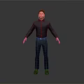 Man With Red Hair Beard In Dark Shirt Pants Arms Outstretched Against Gray Background