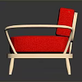 Red Sofa With Three Red Cushions Curved Light Wooden Armrests And Legs Modern Design
