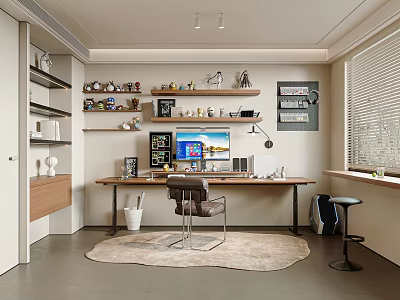 Modern Home Office Interior With Wooden Desk Dual Monitors Ergonomic Chair And Wall Shelves 3d model