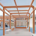 School Corridor with Students Walking Chinese Calligraphy Decorations Orange Ceiling and White Floor