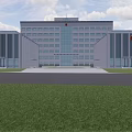 Modern Multi Story Office Building With Glass Curtain Wall Red Emblems And Front Plaza