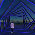Modern Event Entrance With Blue Illuminated Geometric Structure And People Walking At Sunset