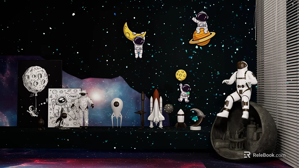 Space Themed Commercial Display Equipment With Astronaut Moon Saturn Rocket And Planet Models 3d model 