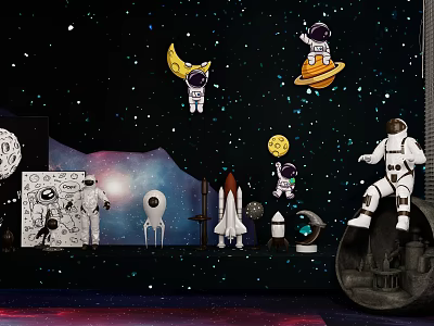 Space Themed Commercial Display Equipment With Astronaut Moon Saturn Rocket And Planet Models 3d model
