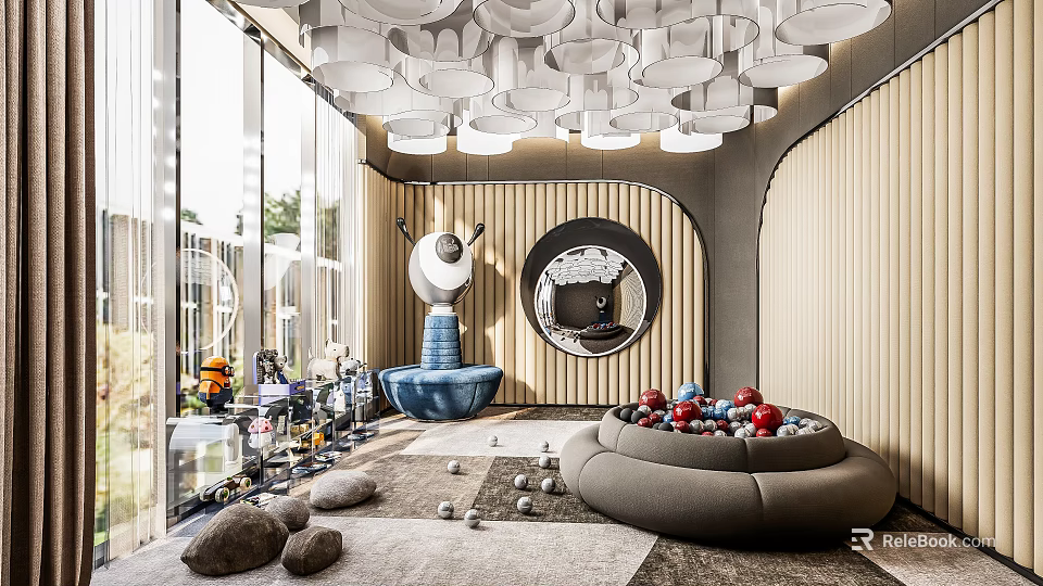 Kids Play Area Interior With Colorful Ball Pit Toys Soft Seating And Ceiling Lights 3d model 