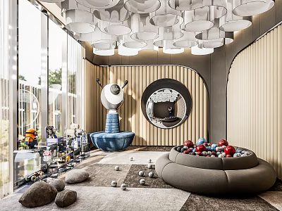 Kids Play Area Interior With Colorful Ball Pit Toys Soft Seating And Ceiling Lights 3d model