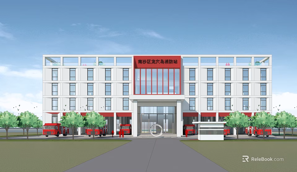 Modern Office Building With Red Signage White Exterior Red Accents Fire Trucks And Trees 3d model 