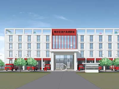 Modern Office Building With Red Signage White Exterior Red Accents Fire Trucks And Trees 3d model