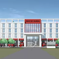Modern Office Building With Red Signage White Exterior Red Accents Fire Trucks And Trees