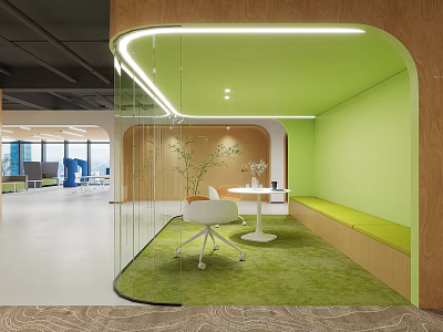 Modern Casual Lounge Area With Green Wall Wooden Elements Glass Partition And White Chairs 3d model